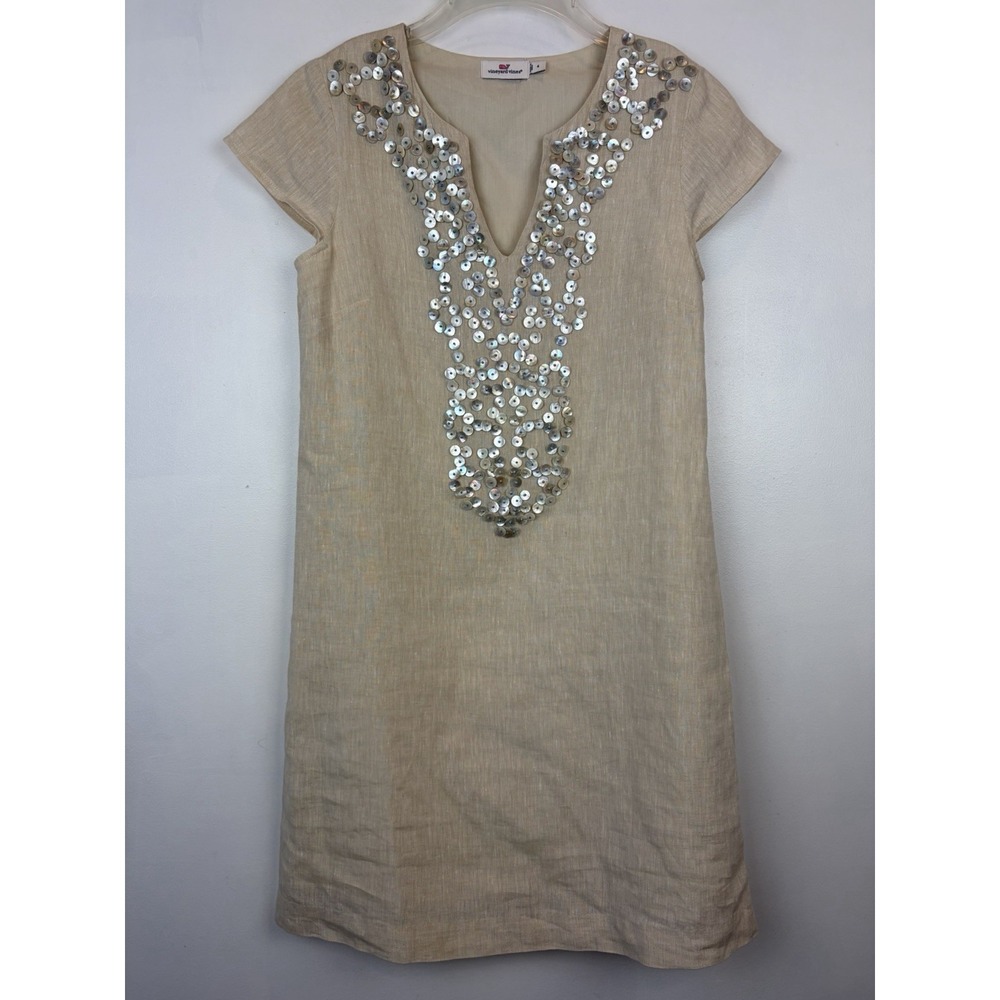 Vineyard Vines Shift Dress Womens 4 Beige Linen Blend Lined Button Embellishment
